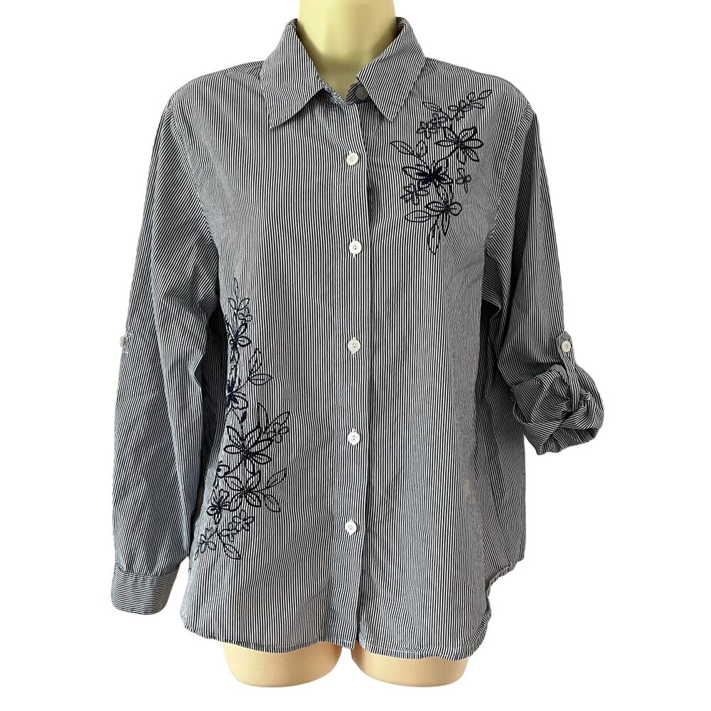 Alfred Dunner Navy Blue Striped Blouse Button Up Size 10 Beaded Embroidered